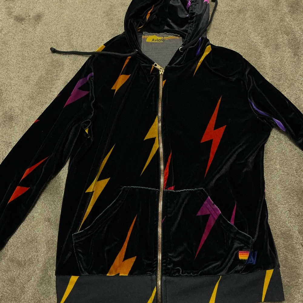 Aviator Nation Black Hoodie with Vibrant Lightning Bolts